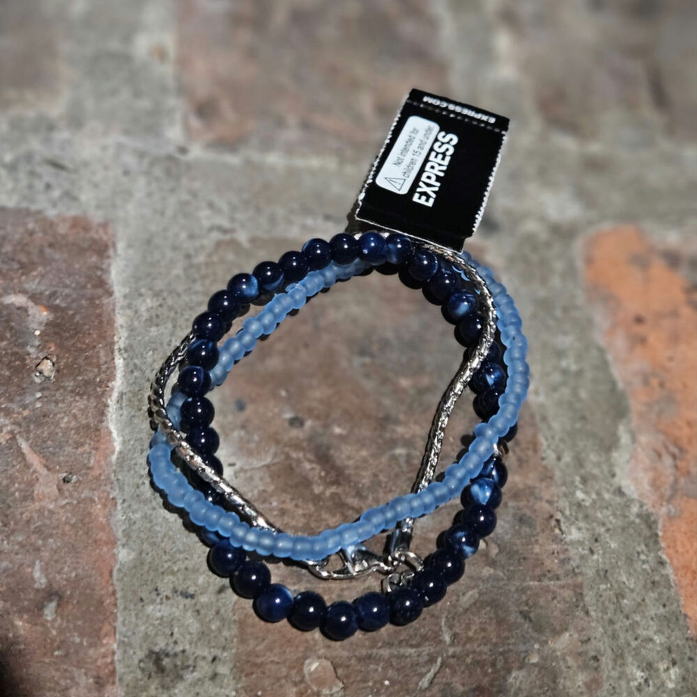 Express Navy Stone, Blue Beads & Silver-Tone Mixed Metal Trio Bracelet Set